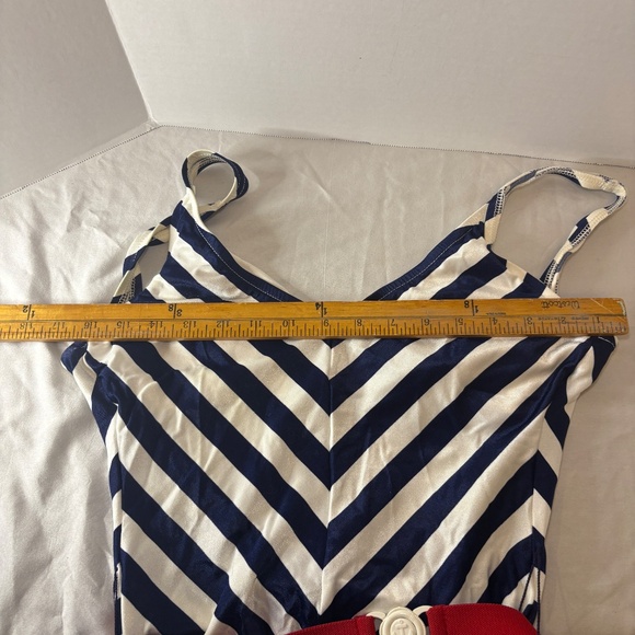 Sun Bound Swimsuit 12 VTG 80s Sears Navy Red White Sailor Belted OnePiece - Picture 6 of 9